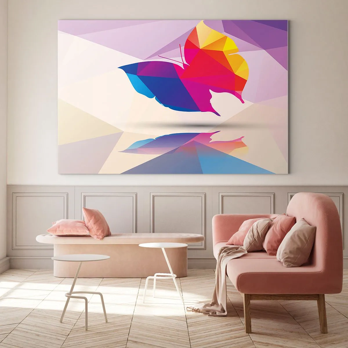 Obraz na skle - Geometrický motýl v zářivě barevné abstrakci - 70x50cm - Motýlí duha - Moderní nástěnná dekorace do obývacího pokoje a ložnice ARTTOR