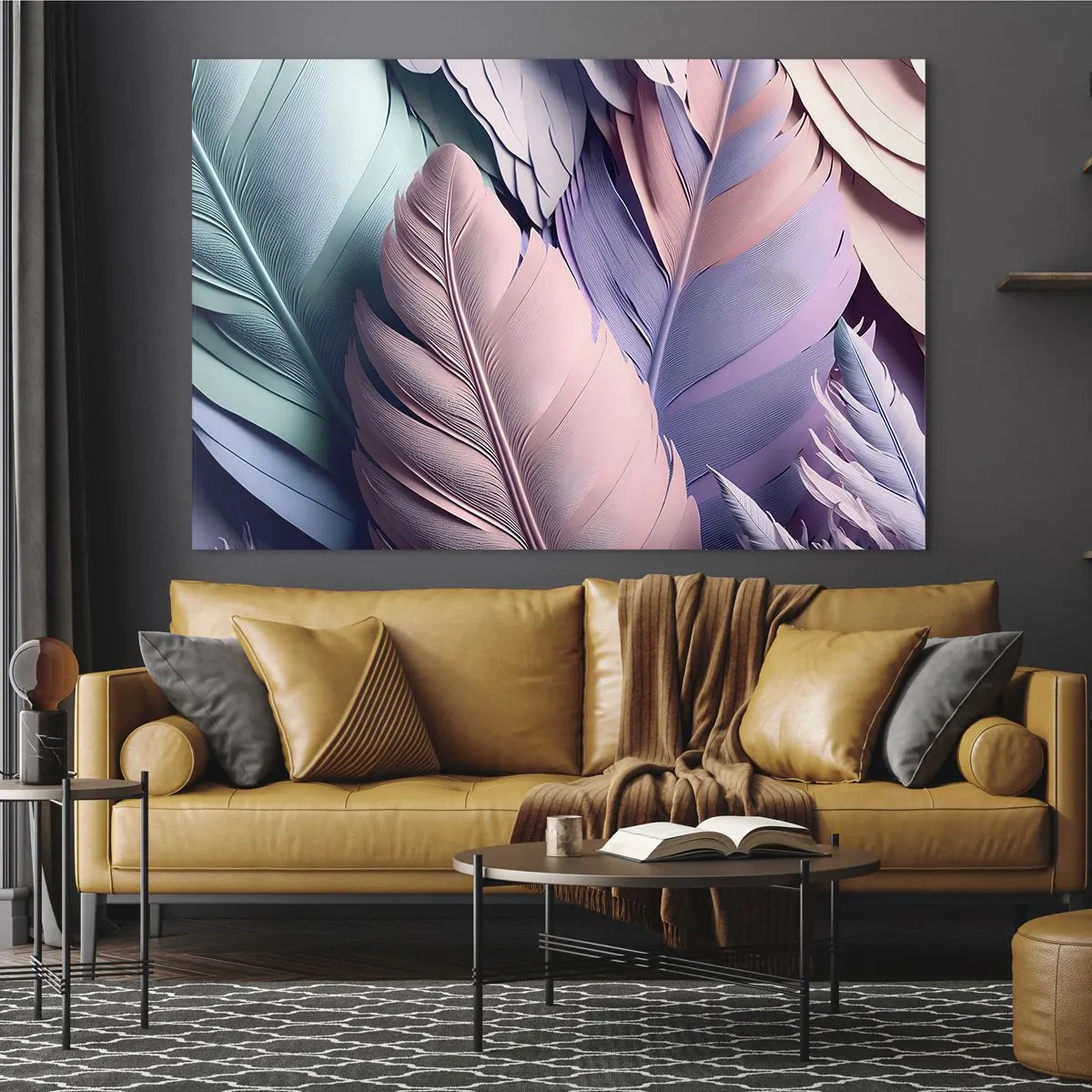 Obraz na skle - Pastelové peří v odstínech růžové, fialové a tyrkysové - 70x50cm - Ptačí styl - Moderní nástěnná dekorace do obývacího pokoje a ložnice ARTTOR