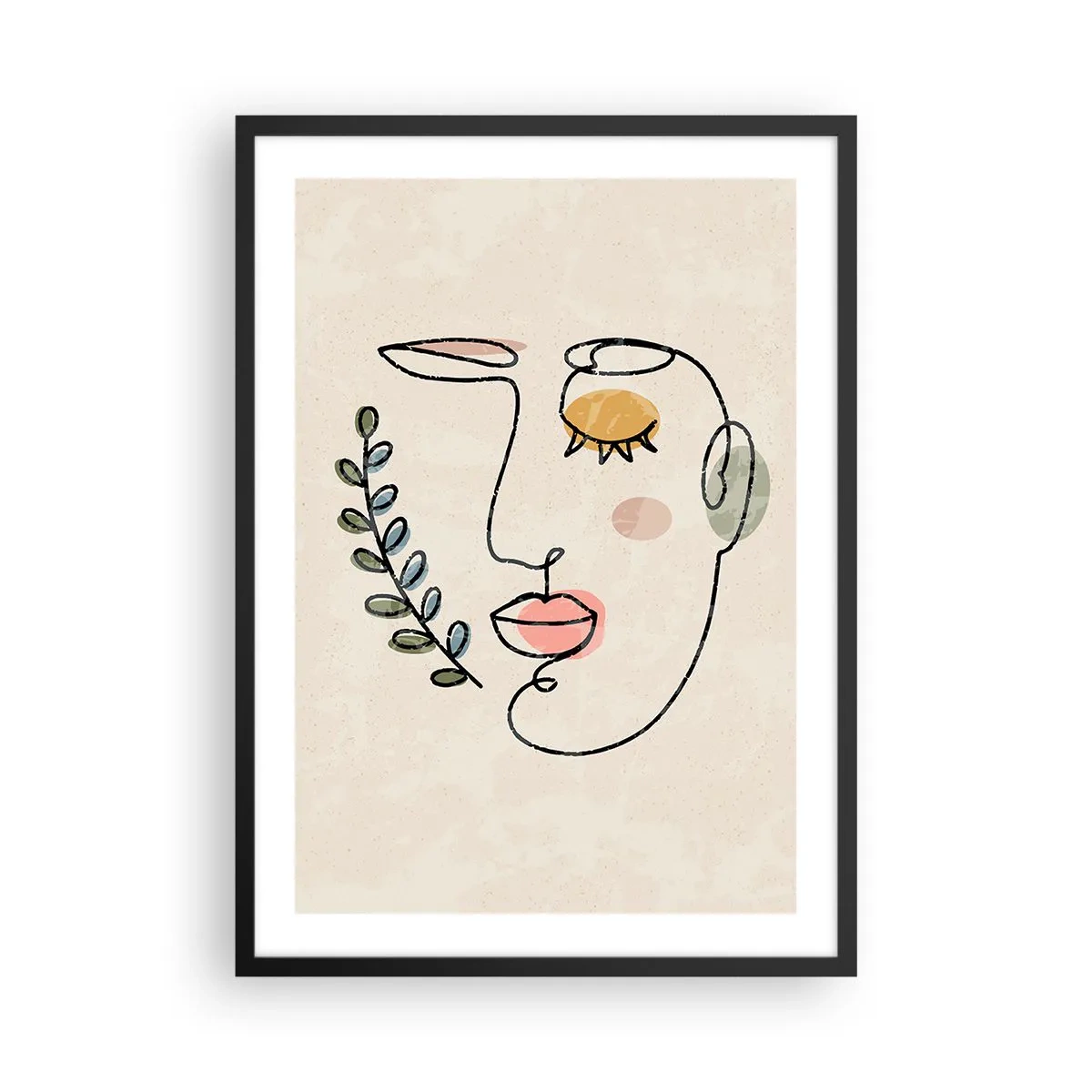 Plakát v černém rámu - Minimalistický liniový portrét ženy na béžovém pozadí - 50x70cm - Nalezený klid - Moderní nástěnná dekorace do obývacího pokoje a ložnice ARTTOR