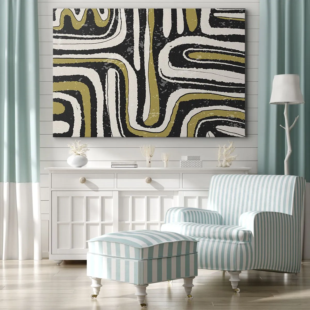 Obraz na plátně - Abstraktní vzor v černé, bílé a zlaté barvě - 70x50cm - Kompozice: trakty a uličky - Moderní nástěnná dekorace do obývacího pokoje a ložnice ARTTOR