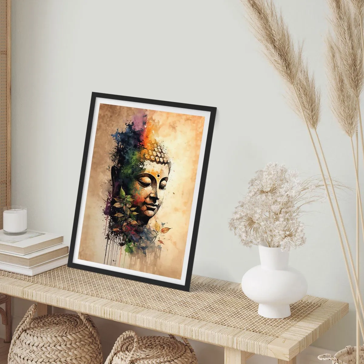 Plakát v černém rámu - Barevný portrét Buddhy v uměleckém stylu akvarelu. - 50x70cm - Namaste! - Moderní nástěnná dekorace do obývacího pokoje a ložnice ARTTOR