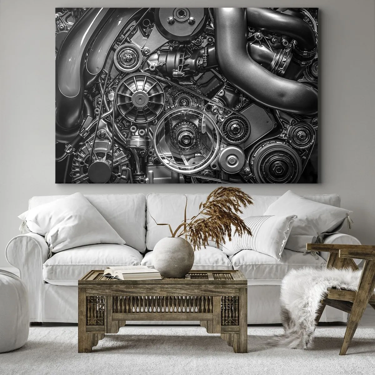 Obraz na plátně - Černobílý detail mechanických detailů motoru automobilu. - 70x50cm - Poezie mechaniky - Moderní nástěnná dekorace do obývacího pokoje a ložnice ARTTOR