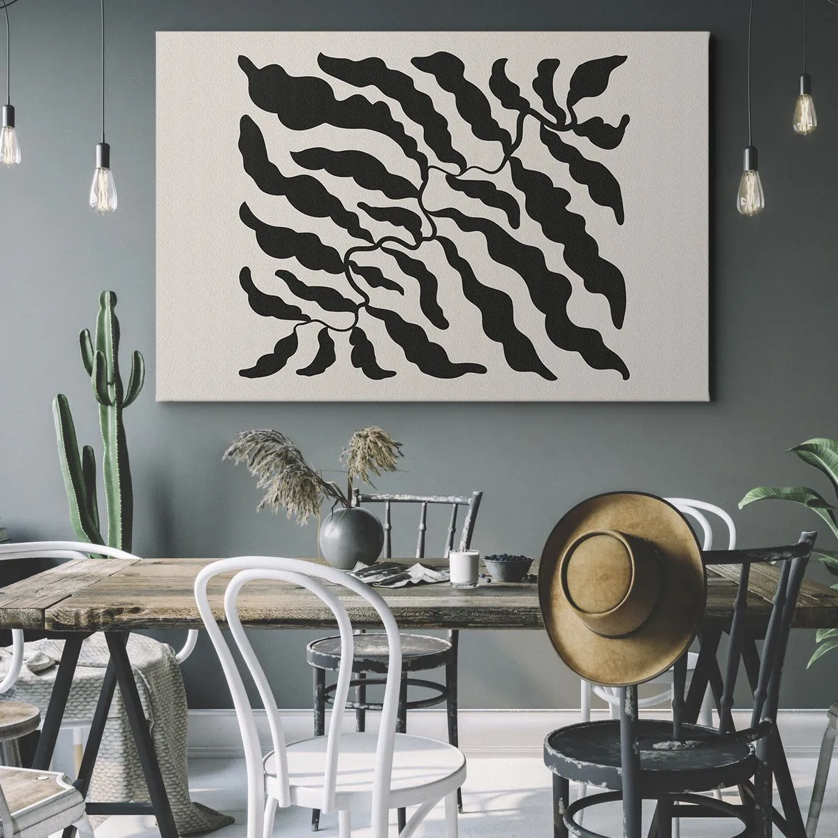 Obraz na plátně - Větvičky s listy v černé barvě na světlém pozadí - 70x50cm - Povaha čtverce - Moderní nástěnná dekorace do obývacího pokoje a ložnice ARTTOR
