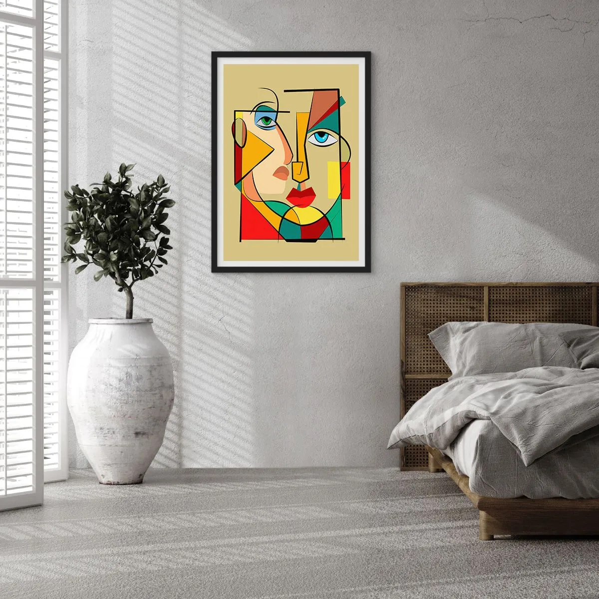Plakát v černém rámu - Kubistický portrét v intenzivních barvách - 50x70cm - Shodný pár - Moderní nástěnná dekorace do obývacího pokoje a ložnice ARTTOR