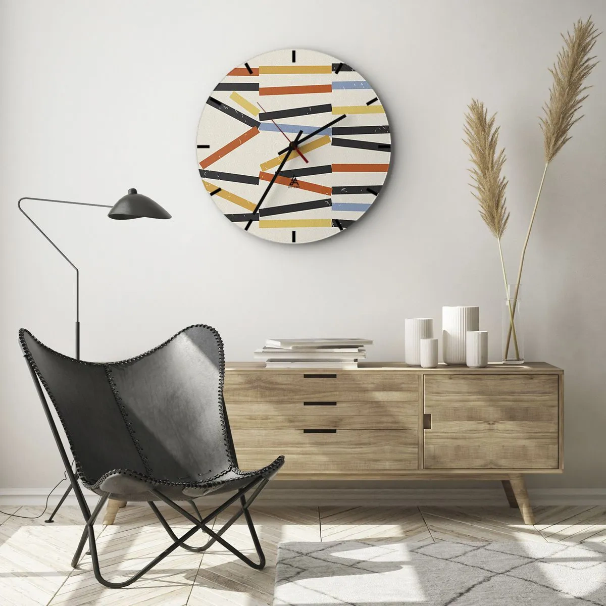 Nástěnné hodiny - Barevné a černé obdélníky uspořádané vodorovně na světlém pozadí - 30x30cm - Kompozice na úrovni - Moderní nástěnná dekorace do obývacího pokoje, kuchyně a ložnice ARTTOR
