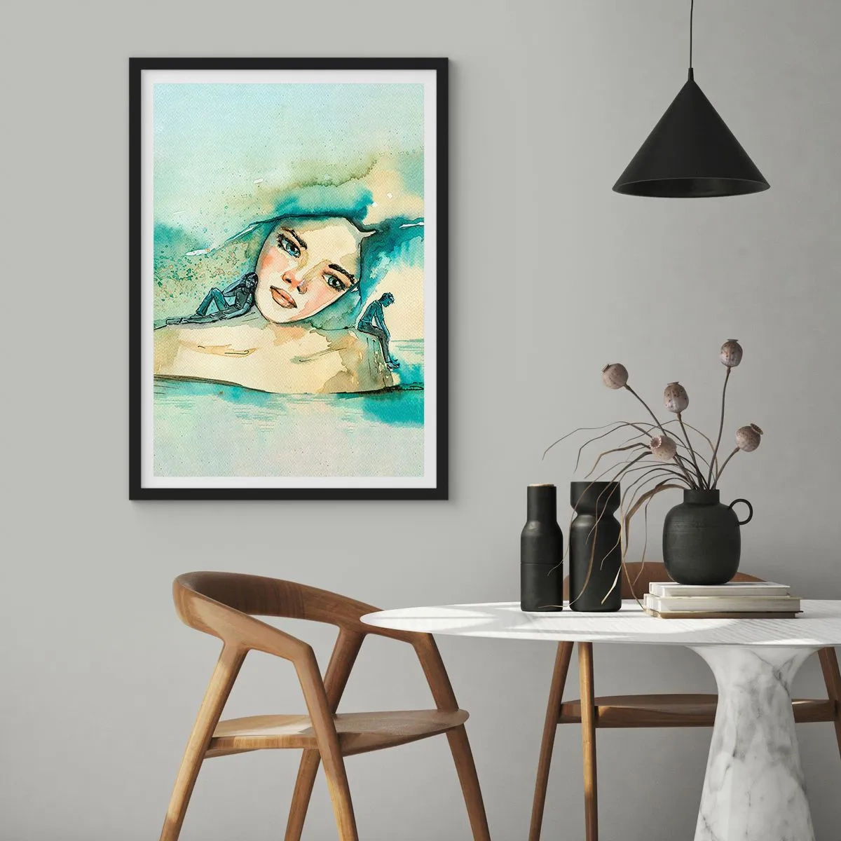 Plakát v černém rámu - Portrét ženy v uměleckém stylu akvarelu - 50x70cm - Am I blue? - Moderní nástěnná dekorace do obývacího pokoje a ložnice ARTTOR