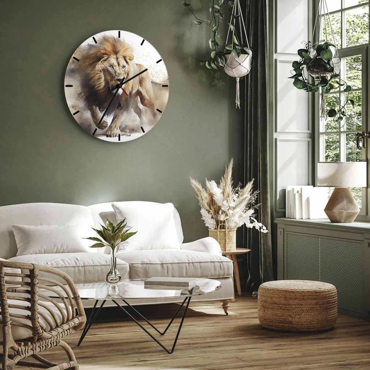 Nástěnné hodiny - Dynamický záběr lva v pohybu na bílém pozadí s efektem prachu. - 30x30cm - Král se pohnul - Moderní nástěnná dekorace do obývacího pokoje, kuchyně a ložnice ARTTOR