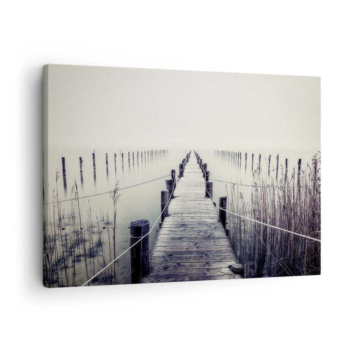 Obraz na plátně - Dřevěný most vedoucí do mlhavého prostoru - 70x50cm - Ponoř se do klidu - Moderní nástěnná dekorace do obývacího pokoje a ložnice ARTTOR