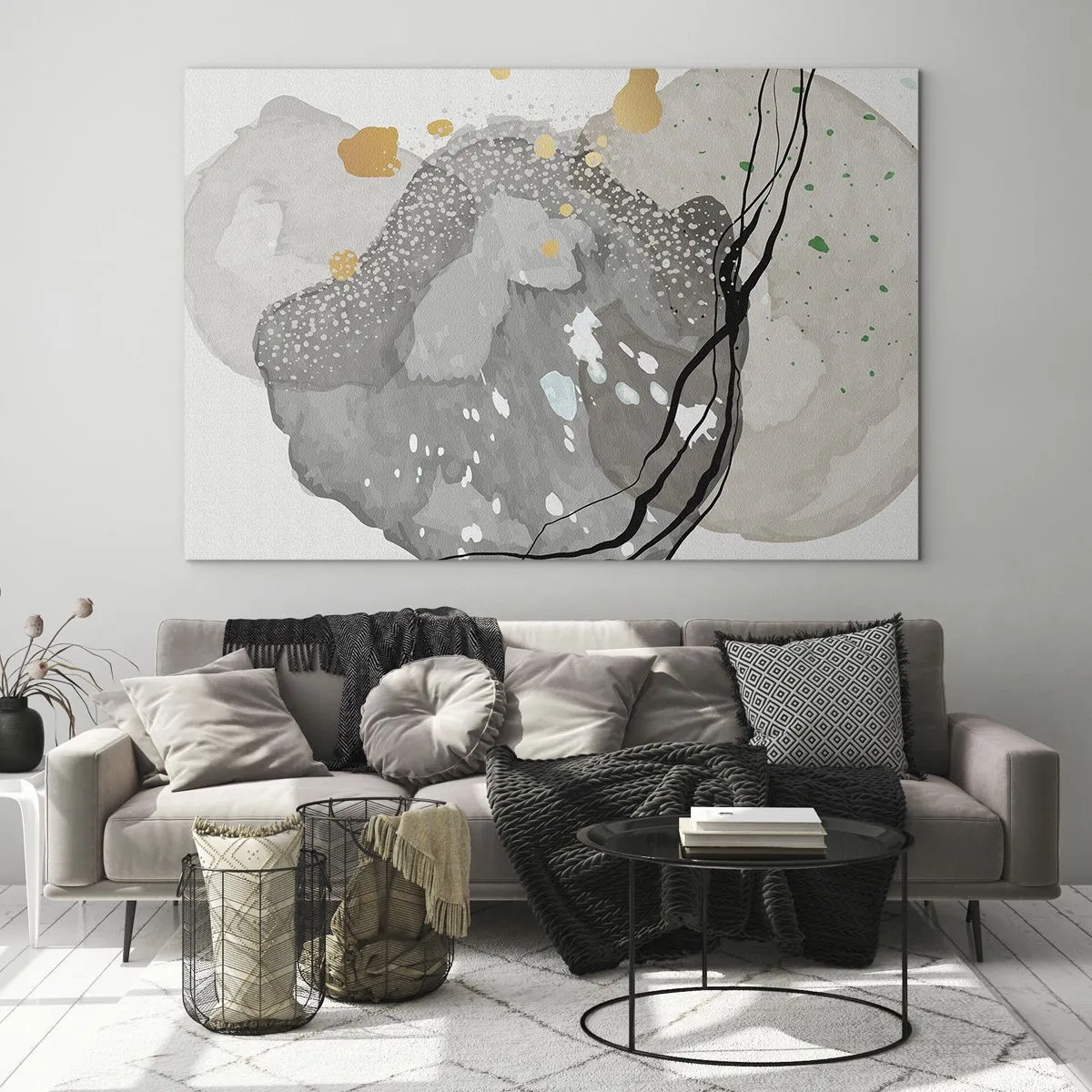 Obraz na skle - Organické tvary a skvrny v tlumených barvách s detaily - 70x50cm - Organická kompozice - Moderní nástěnná dekorace do obývacího pokoje a ložnice ARTTOR