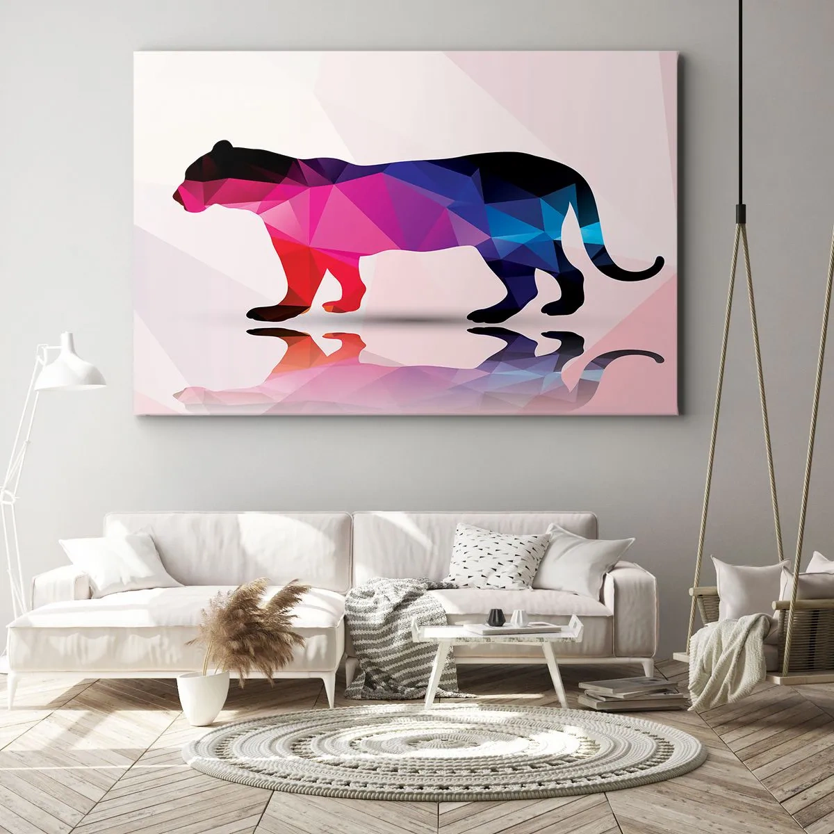 Obraz na plátně - Geometrická silueta pantera v odstínech růžové a modré - 70x50cm - Diamantový panter - Moderní nástěnná dekorace do obývacího pokoje a ložnice ARTTOR