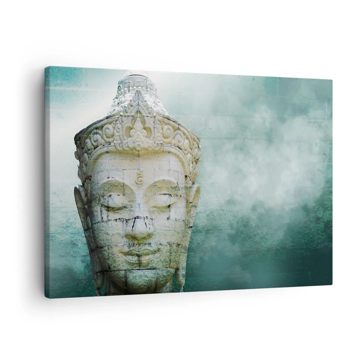 Obraz na plátně - Socha Buddhy s jemnou mlhou na zeleném pozadí - 70x50cm - Hledajíc světlo - Moderní nástěnná dekorace do obývacího pokoje a ložnice ARTTOR