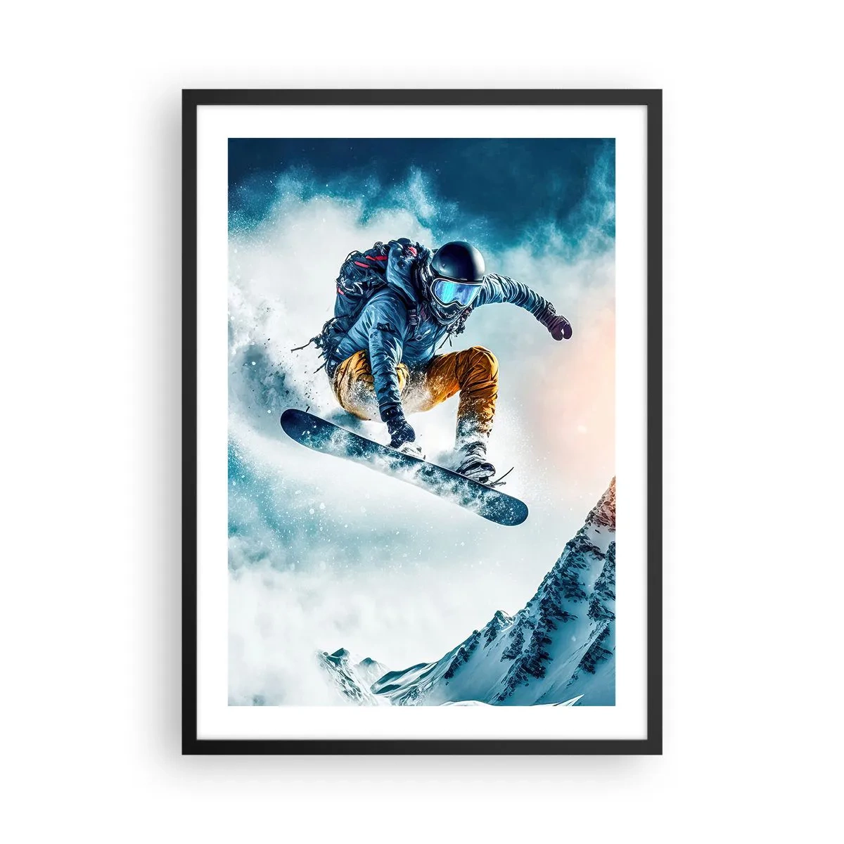 Plakát v černém rámu - Snowboardista letí nad zasněženým vrcholem hory - 50x70cm - Extrémní emoce - Moderní nástěnná dekorace do obývacího pokoje a ložnice ARTTOR