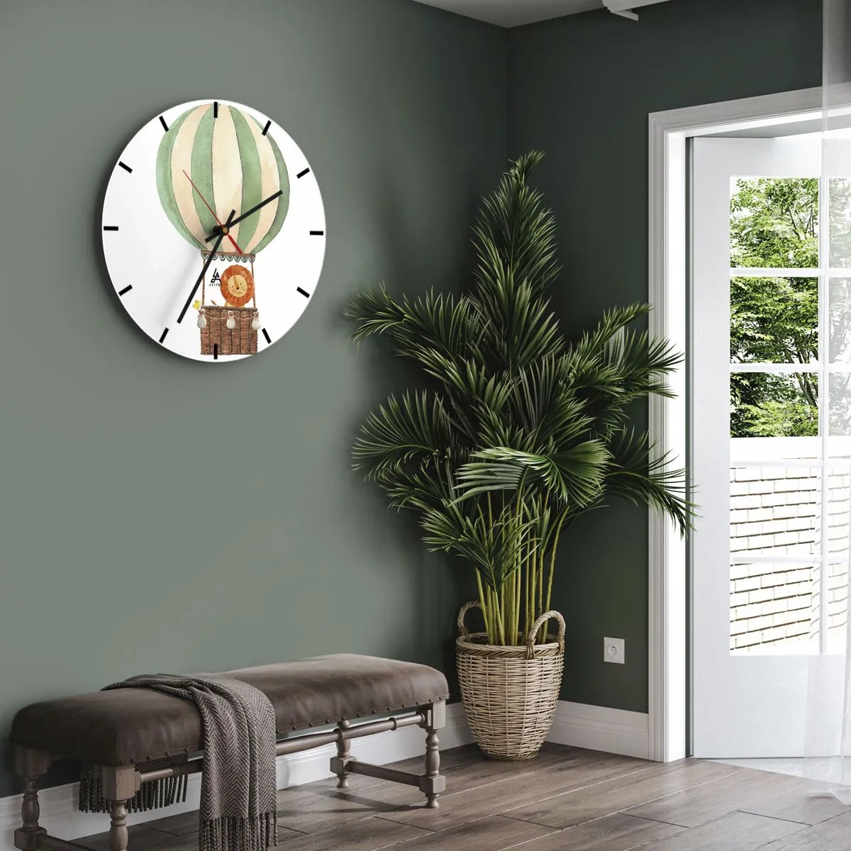 Nástěnné hodiny - Lev a kachna v balónu na bílém pozadí - 30x30cm - Leonovy cesty - Moderní nástěnná dekorace do obývacího pokoje, kuchyně a ložnice ARTTOR