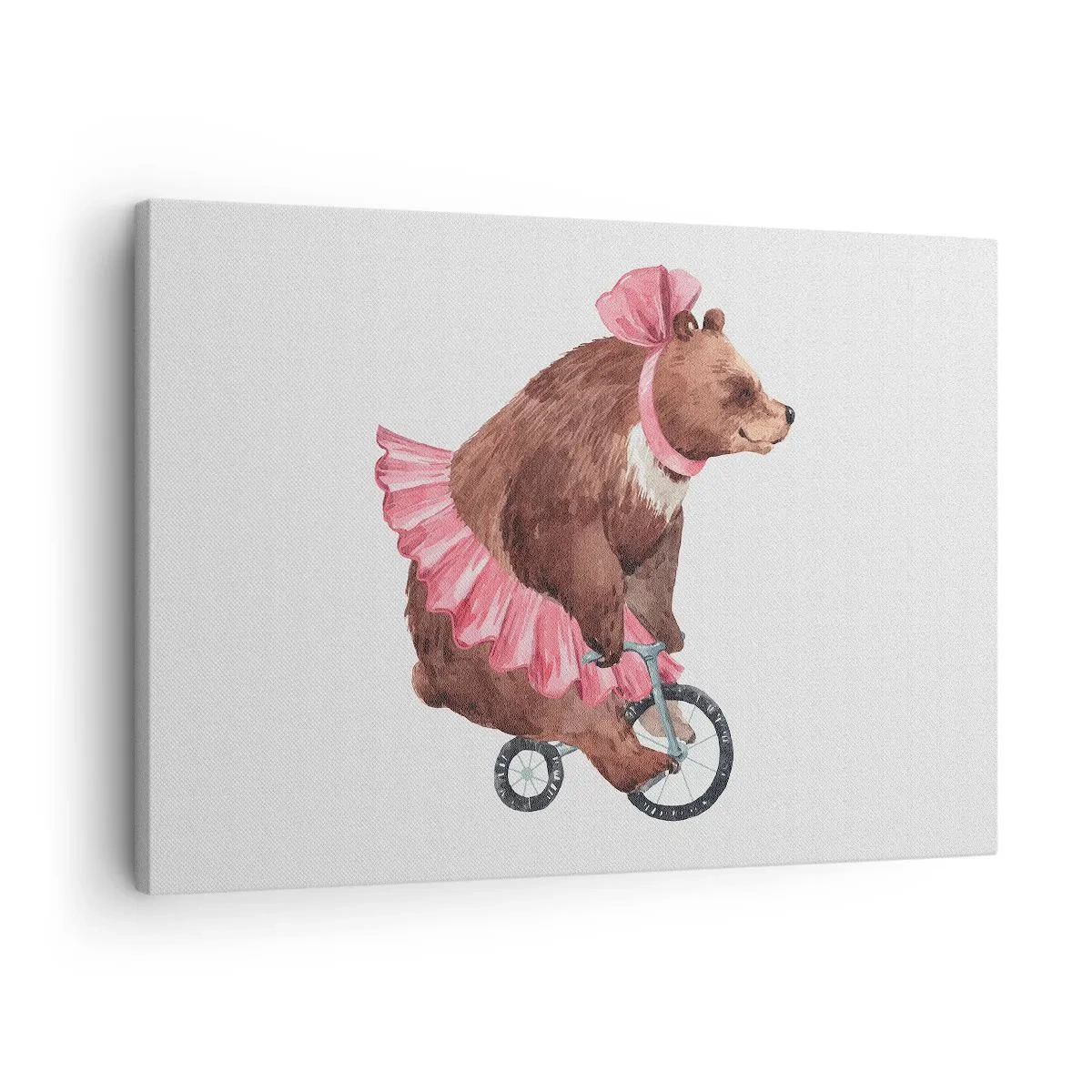 Obraz na plátně - Medvídek v růžové sukni na kole v retro stylu - 70x50cm - To je ale cirkus! - Moderní nástěnná dekorace do obývacího pokoje a ložnice ARTTOR