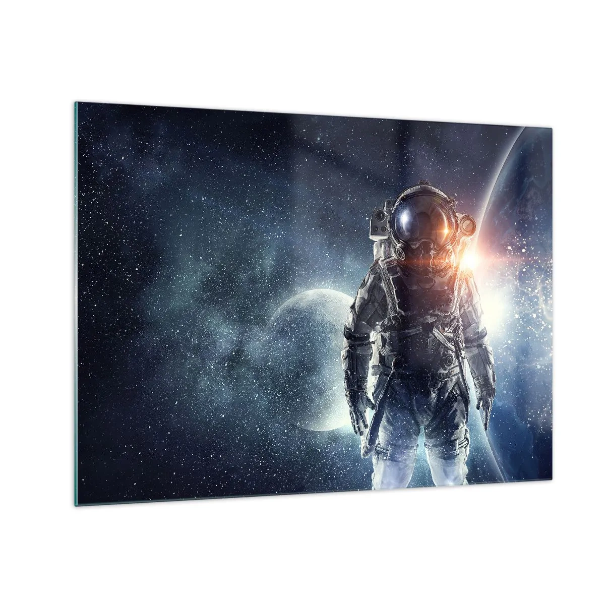 Obraz na skle - Astronaut na pozadí planet a hvězd - 70x50cm - Vesmírné dobrodružství - Moderní nástěnná dekorace do obývacího pokoje a ložnice ARTTOR
