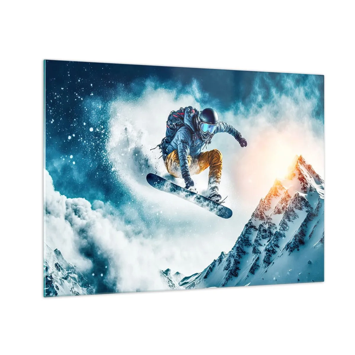 Obraz na skle - Snowboardista letí nad zasněženými horami - 70x50cm - Extrémní emoce - Moderní nástěnná dekorace do obývacího pokoje a ložnice ARTTOR