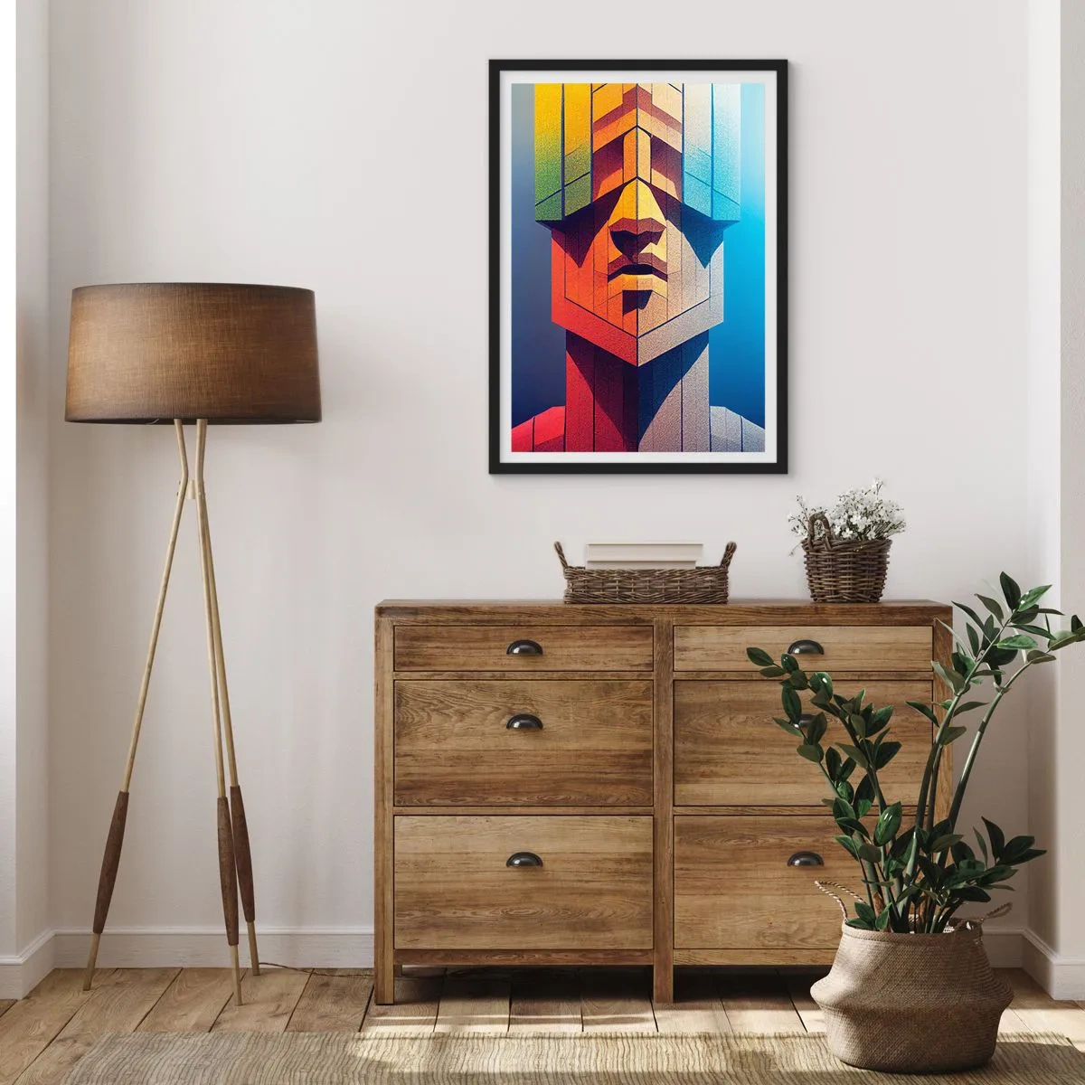 Plakát v černém rámu - Monumentální tvář v geometrickém stylu - 50x70cm - Zásadový člověk - Moderní nástěnná dekorace do obývacího pokoje a ložnice ARTTOR