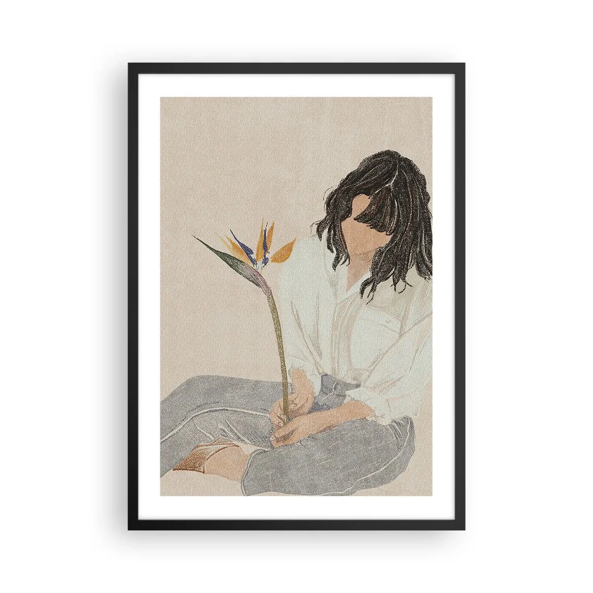 Plakát v černém rámu - Portrét ženy držící exotickou květinu s jemným nádechem barvy - 50x70cm - Portrét s exotickou květinou - Moderní nástěnná dekorace do obývacího pokoje a ložnice ARTTOR