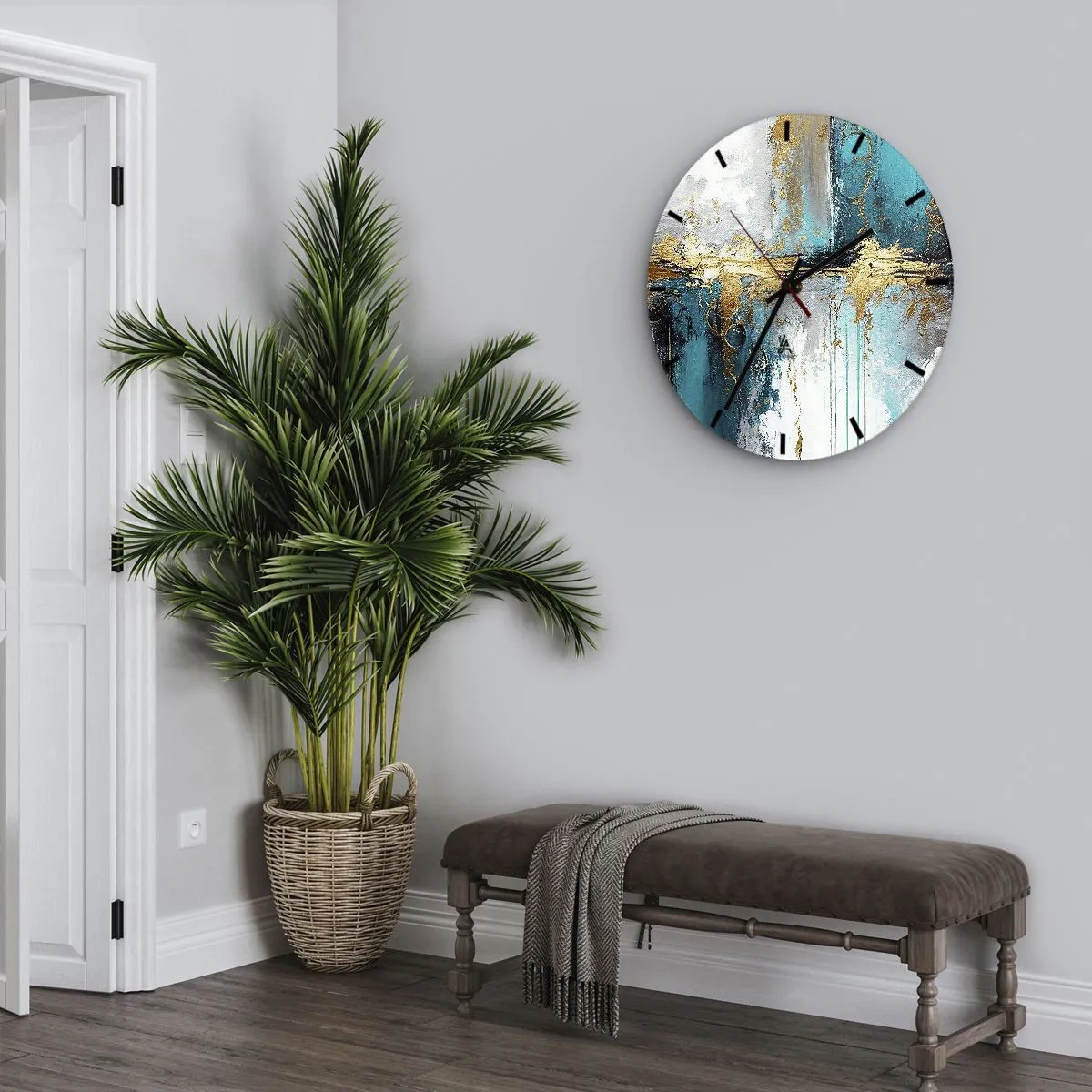 Nástěnné hodiny - Abstraktní tahy barvy v tyrkysové, bílé a zlaté barvě - 30x30cm - Všechno plyne - Moderní nástěnná dekorace do obývacího pokoje, kuchyně a ložnice ARTTOR