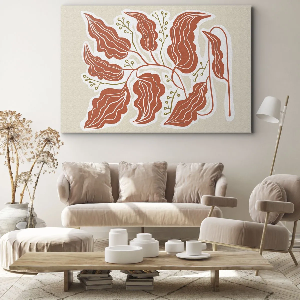 Obraz na plátně - Minimalistický motiv listů v odstínech oranžové a zelené. - 70x50cm - Lidově a korálově - Moderní nástěnná dekorace do obývacího pokoje a ložnice ARTTOR