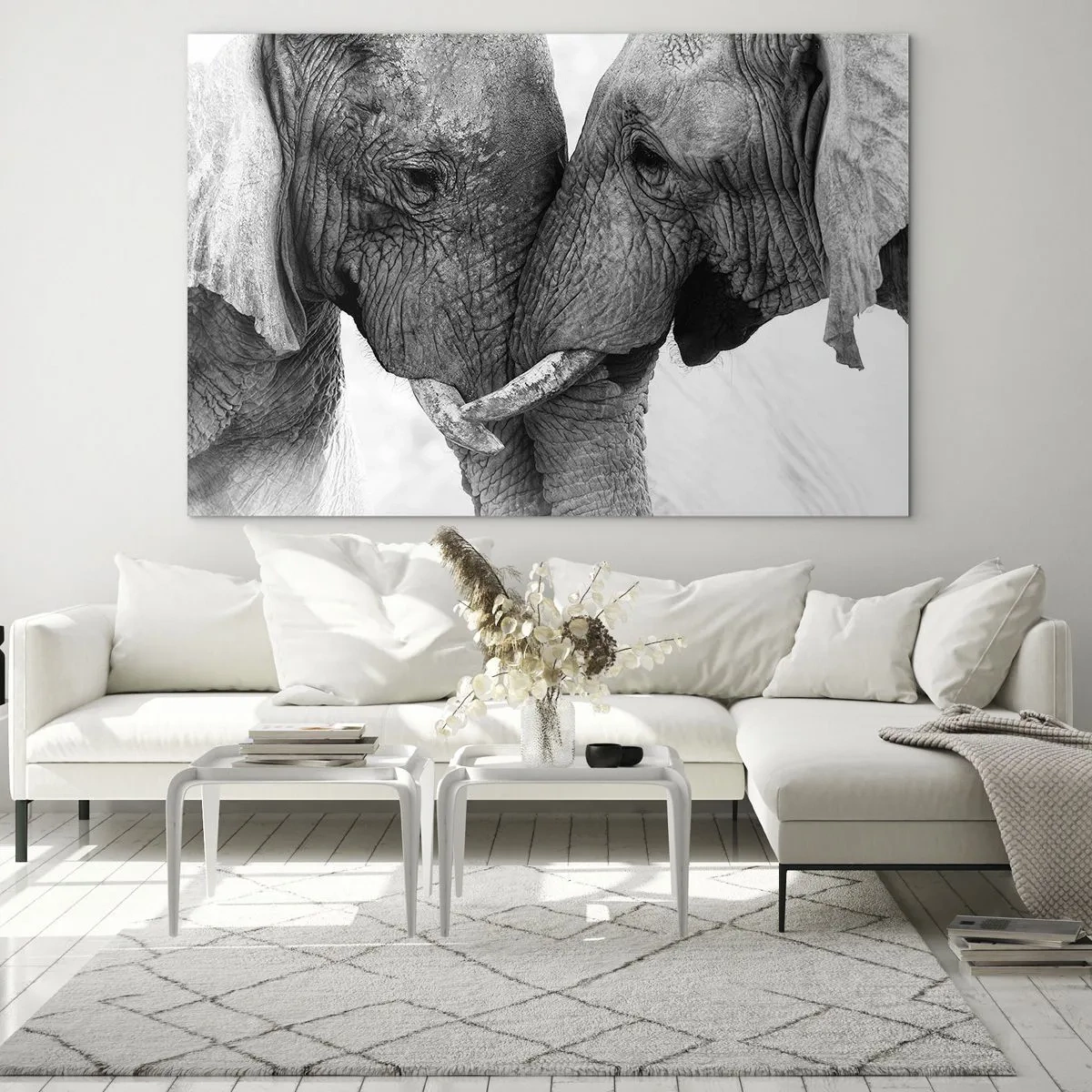 Obraz na skle - Dva sloni se dotýkají čela v černé a bílé - 70x50cm - Upřímné vyznání - Moderní nástěnná dekorace do obývacího pokoje a ložnice ARTTOR