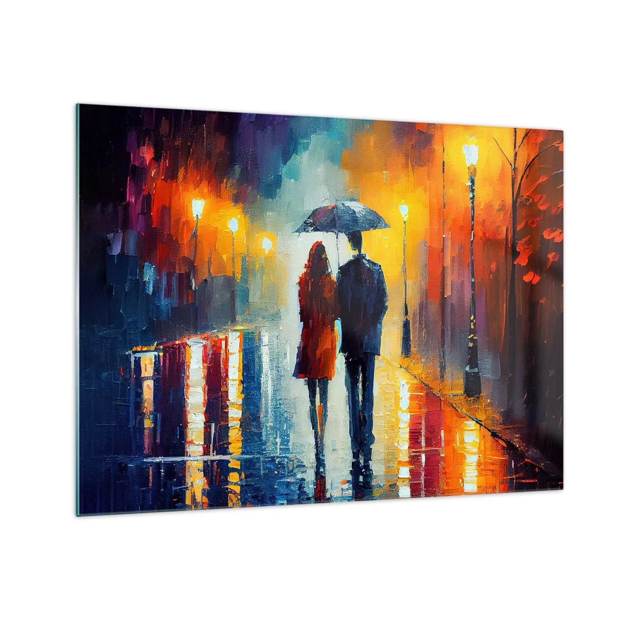 Obraz na skle - Pár pod deštníkem na barevné noční ulici v dešti. - 70x50cm - Spolu – barevná noc - Moderní nástěnná dekorace do obývacího pokoje a ložnice ARTTOR
