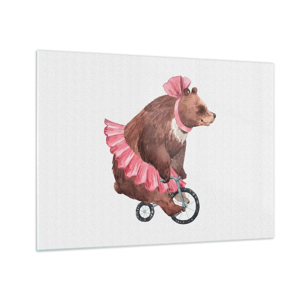 Obraz na skle - Medvěd v růžové sukni na jednokolce - 70x50cm - To je ale cirkus! - Moderní nástěnná dekorace do obývacího pokoje a ložnice ARTTOR