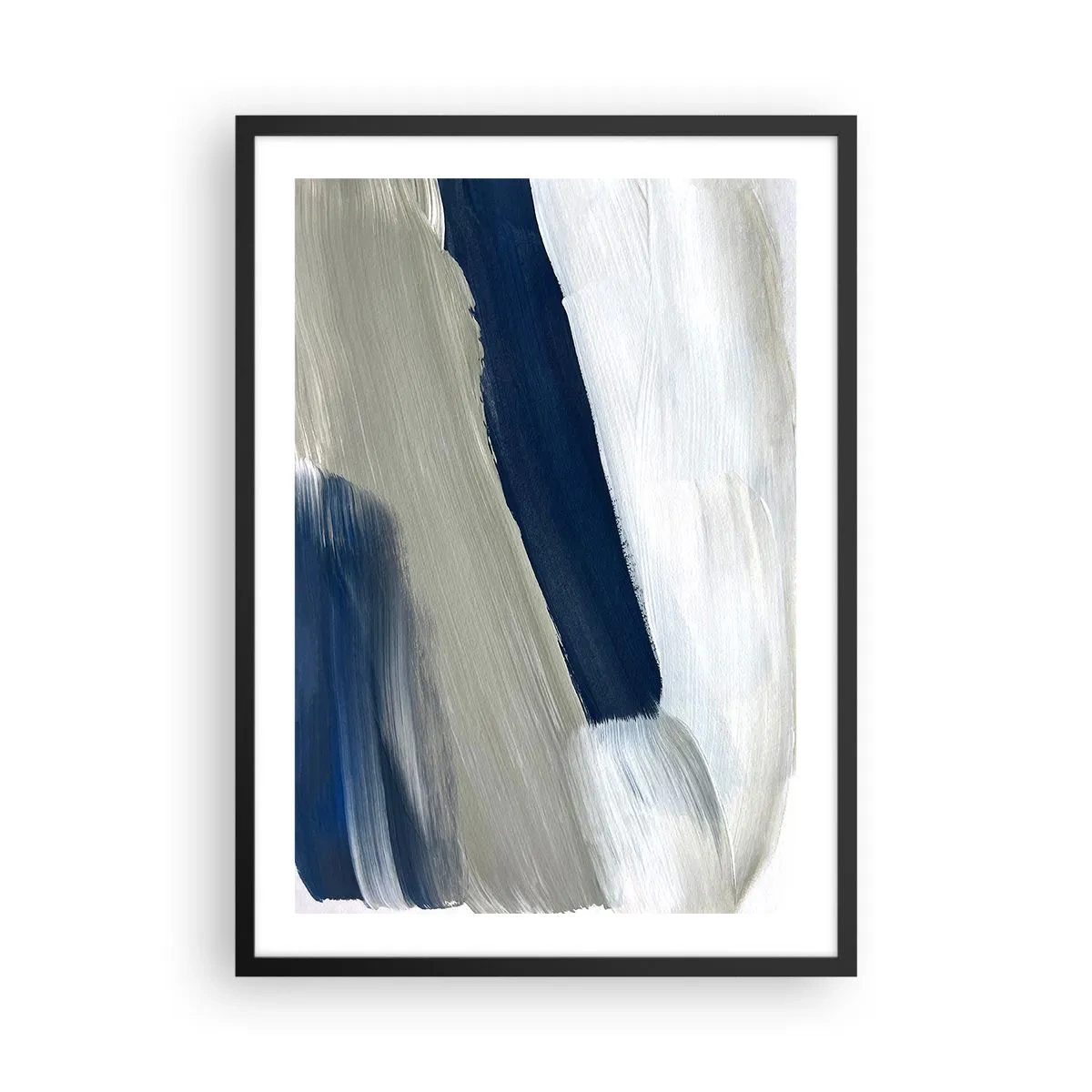 Plakát v černém rámu - Abstraktní tahy štětcem v odstínech tmavě modré - 50x70cm - Setkání s bílou - Moderní nástěnná dekorace do obývacího pokoje a ložnice ARTTOR
