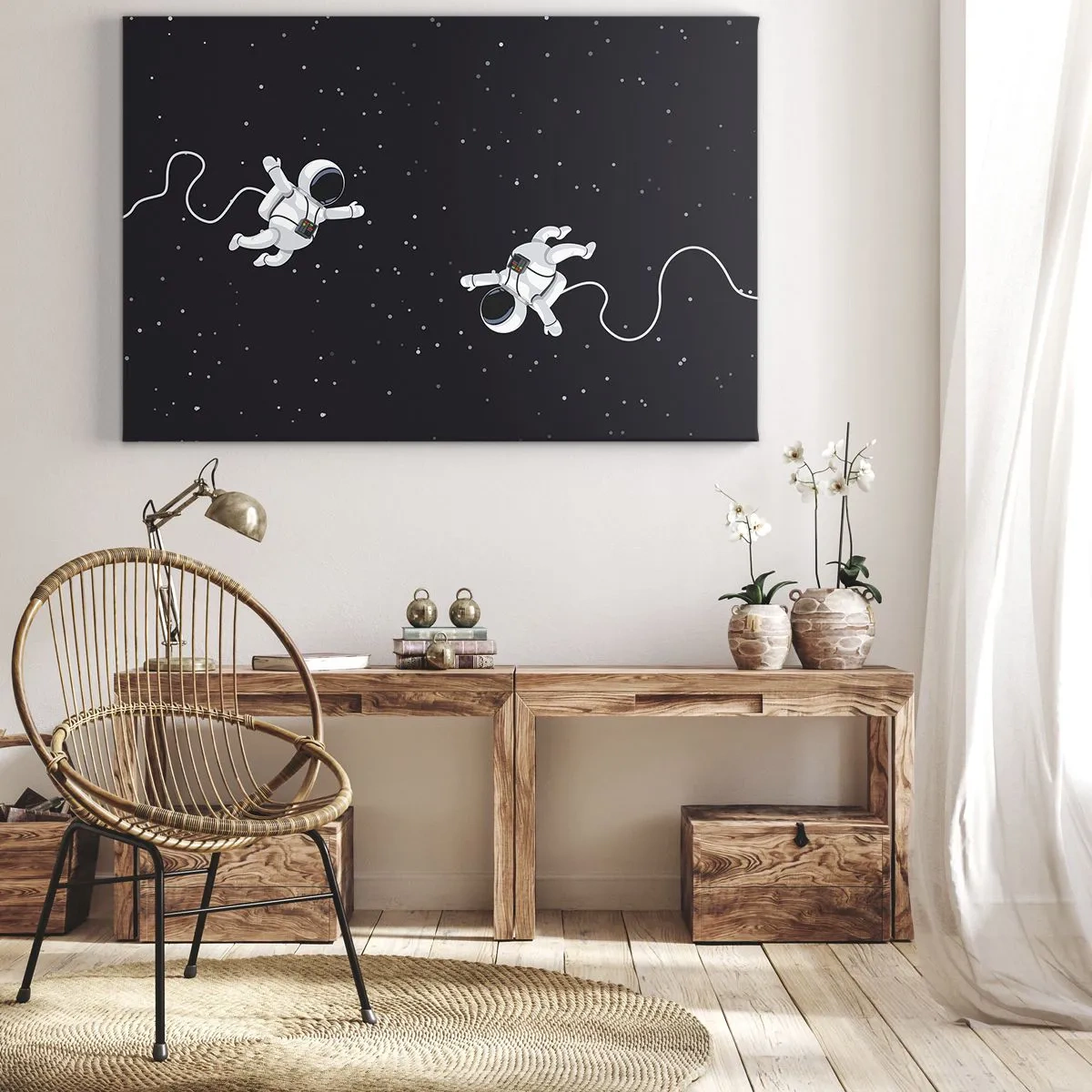 Obraz na plátně - Astronauti plující ve vesmíru na pozadí hvězd - 70x50cm - Kosmický tanec - Moderní nástěnná dekorace do obývacího pokoje a ložnice ARTTOR