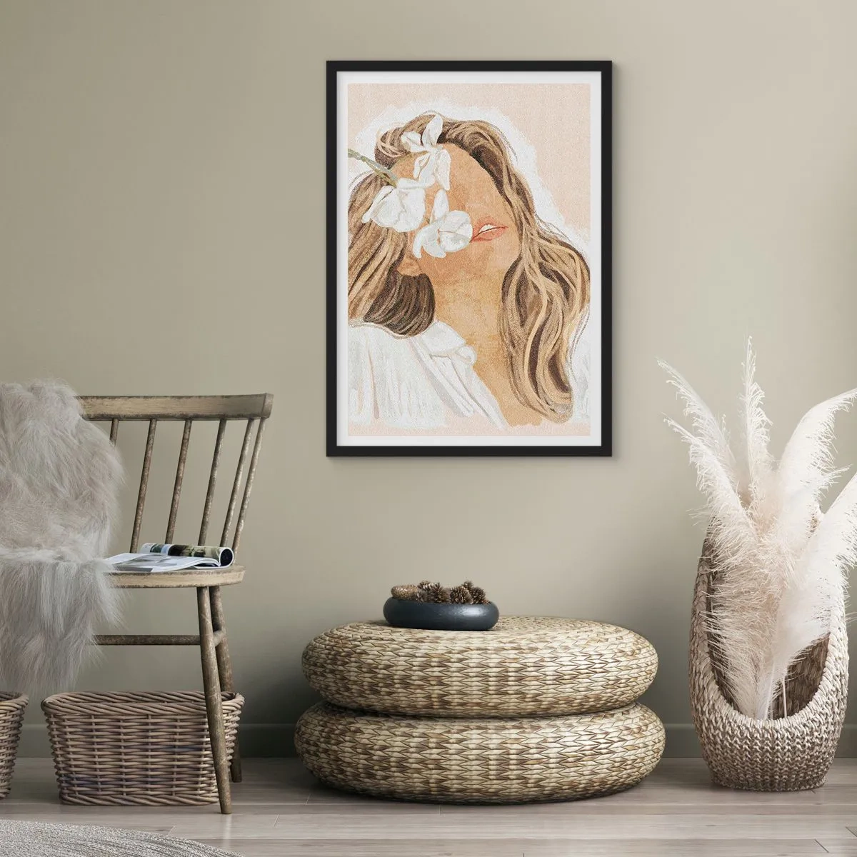 Plakát v černém rámu - Portrét ženy s květinami zakrývajícími si tvář - 50x70cm - Mezi květinami - Moderní nástěnná dekorace do obývacího pokoje a ložnice ARTTOR