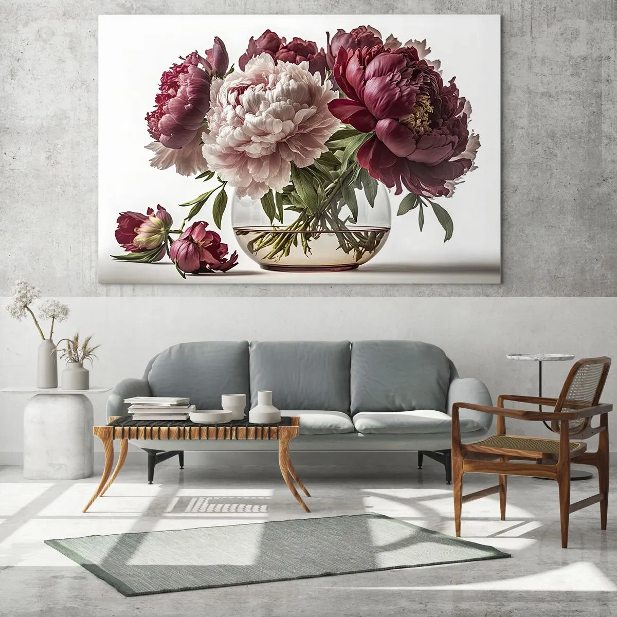 Obraz na skle - Kytice pivoněk ve skleněné váze na světlém pozadí - 70x50cm - V plném rozkvětu krásy - Moderní nástěnná dekorace do obývacího pokoje a ložnice ARTTOR