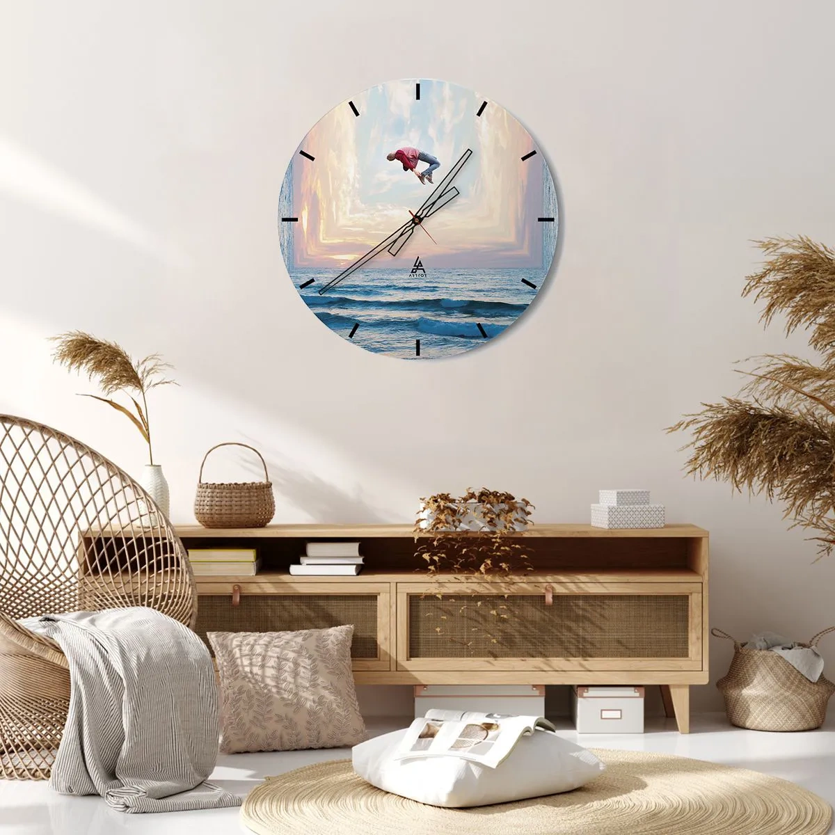 Nástěnné hodiny - Skákající postava u moře v surrealistické krajině - 30x30cm - Do jiné dimenze - Moderní nástěnná dekorace do obývacího pokoje, kuchyně a ložnice ARTTOR