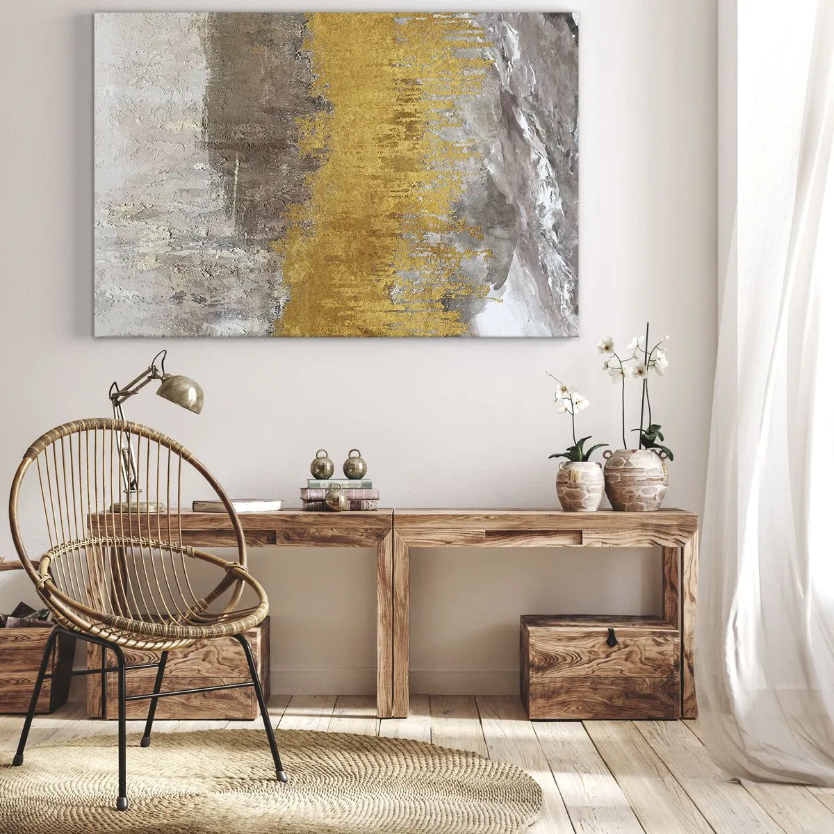 Obraz na plátně - Zlatý a béžový abstraktní vzor - 70x50cm - Zlatistý závan - Moderní nástěnná dekorace do obývacího pokoje a ložnice ARTTOR