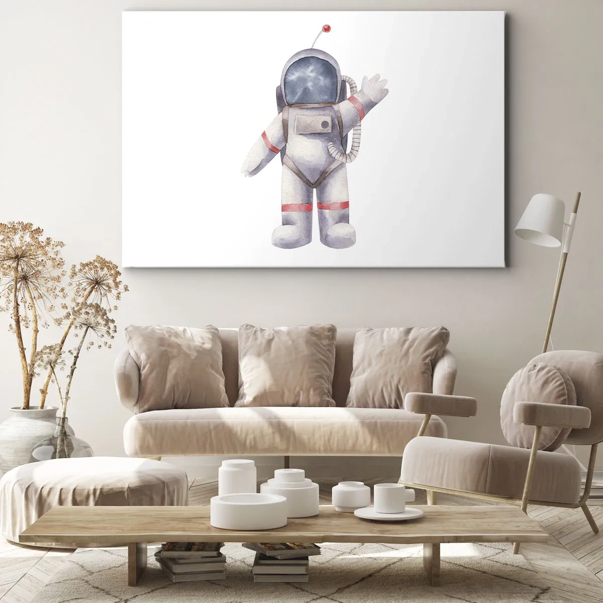 Obraz na plátně - Astronaut ve stylu akvarelu na bílém pozadí - 70x50cm - Tak zatím! - Moderní nástěnná dekorace do obývacího pokoje a ložnice ARTTOR