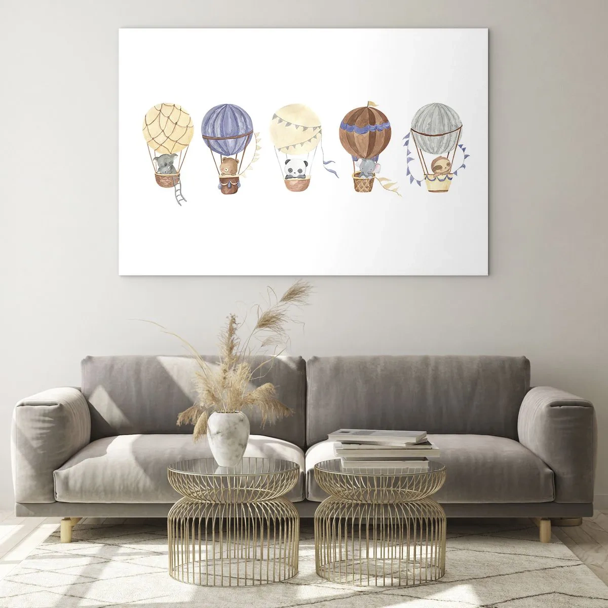 Obraz na skle - Zvířata létající v balónech ve stylu akvarelu - 70x50cm - Přátelé na cestách - Moderní nástěnná dekorace do obývacího pokoje a ložnice ARTTOR