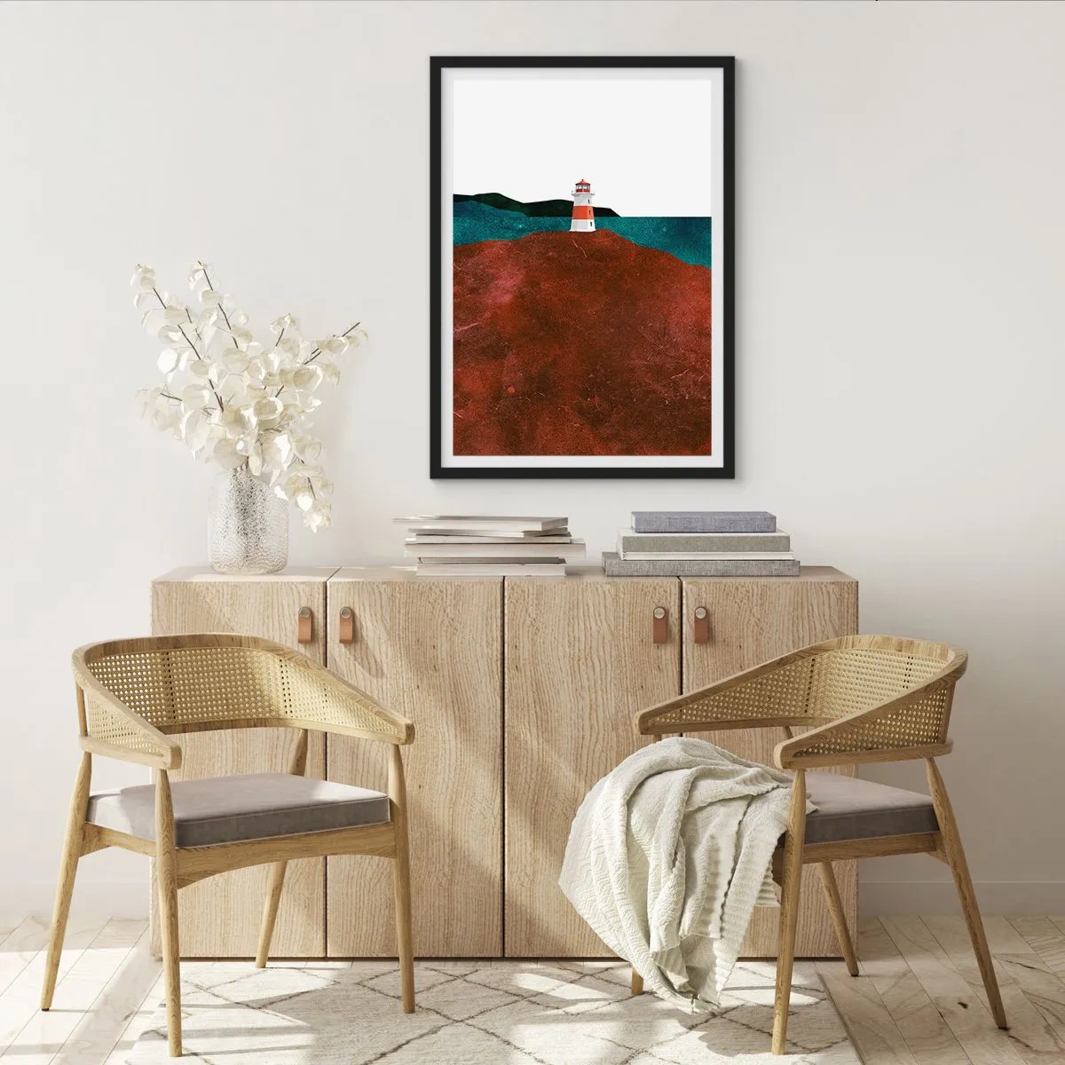 Plakát v černém rámu - Minimalistická krajina s majákem na kopci - 50x70cm - Hledící na moře - Moderní nástěnná dekorace do obývacího pokoje a ložnice ARTTOR