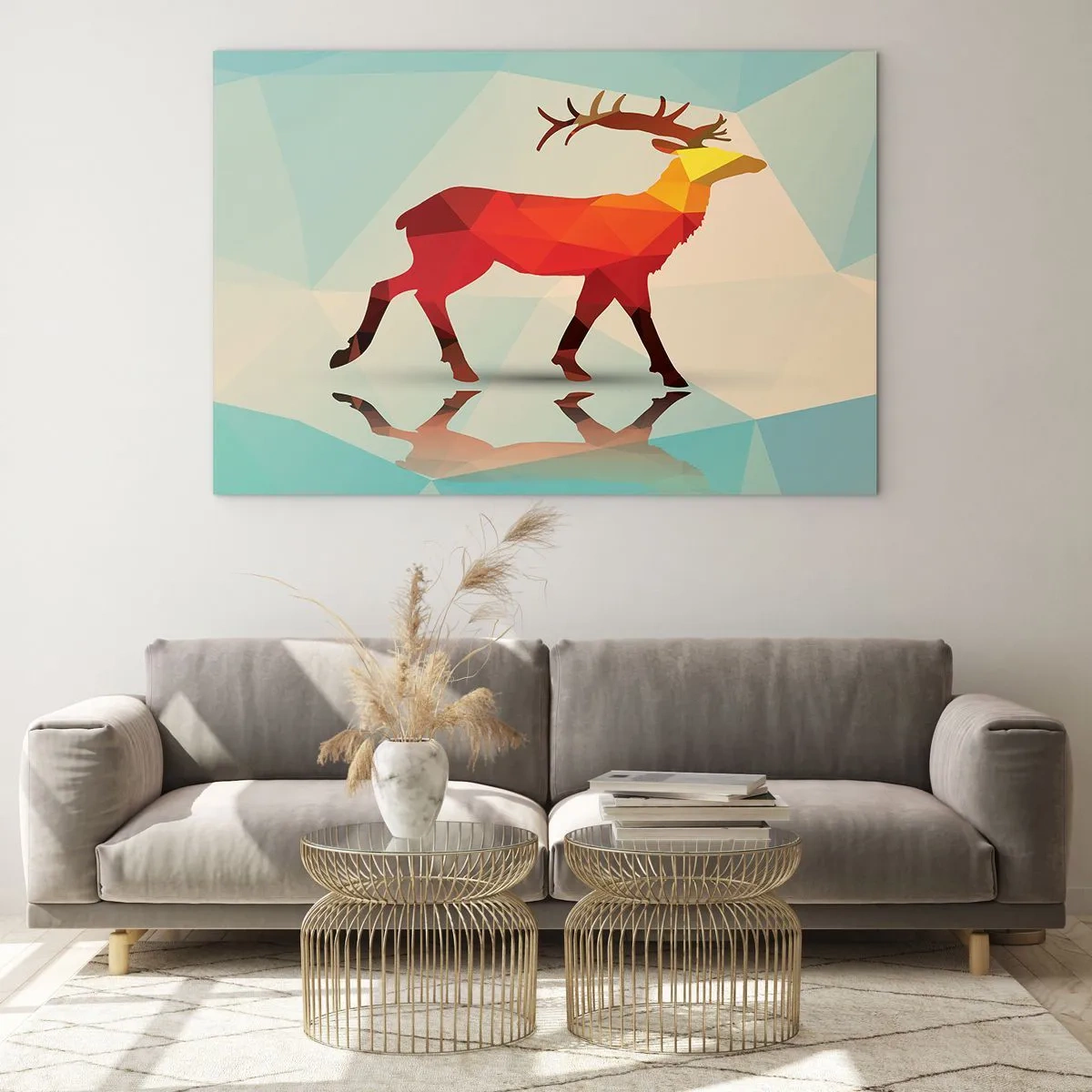 Obraz na skle - Geometrický jelen v barevné abstrakci - 70x50cm - Geometrický jelen - Moderní nástěnná dekorace do obývacího pokoje a ložnice ARTTOR