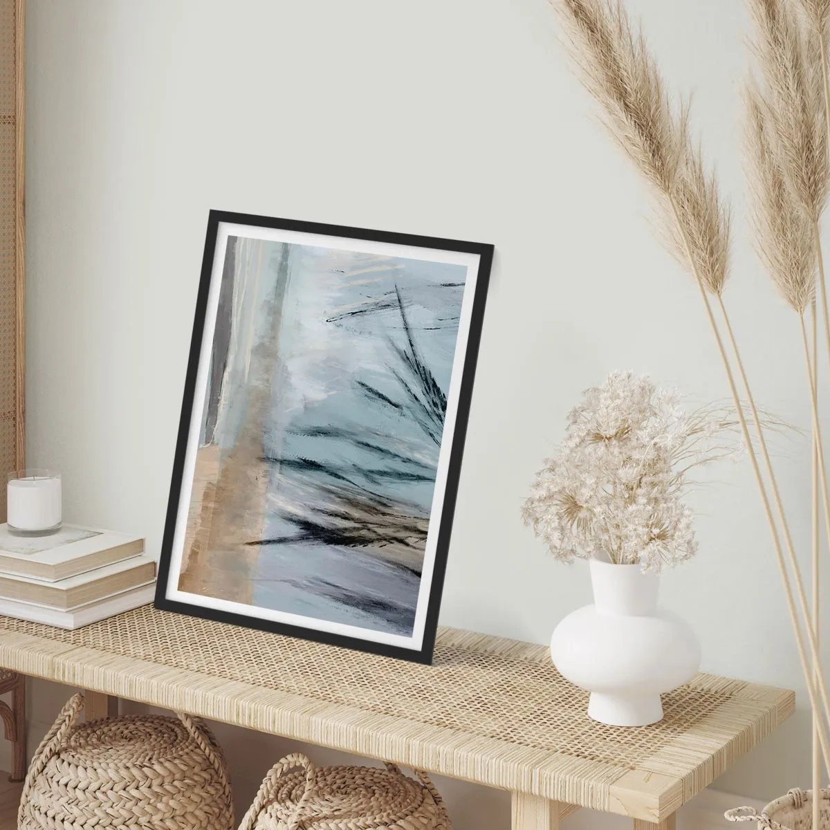 Plakát v černém rámu - Jemná abstrakce inspirovaná přírodou v tlumených barvách. - 50x70cm - Zimní pole - Moderní nástěnná dekorace do obývacího pokoje a ložnice ARTTOR