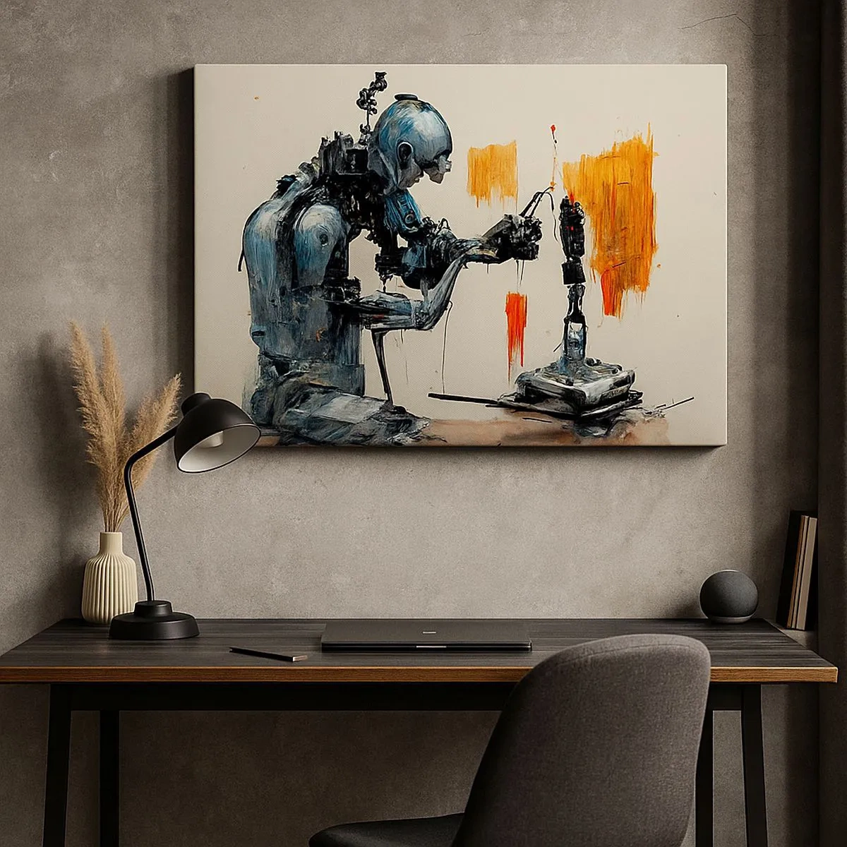 Obraz na plátně - Robot v práci s abstraktním pozadím - 70x50cm - Už zítra… - Moderní nástěnná dekorace do obývacího pokoje a ložnice ARTTOR