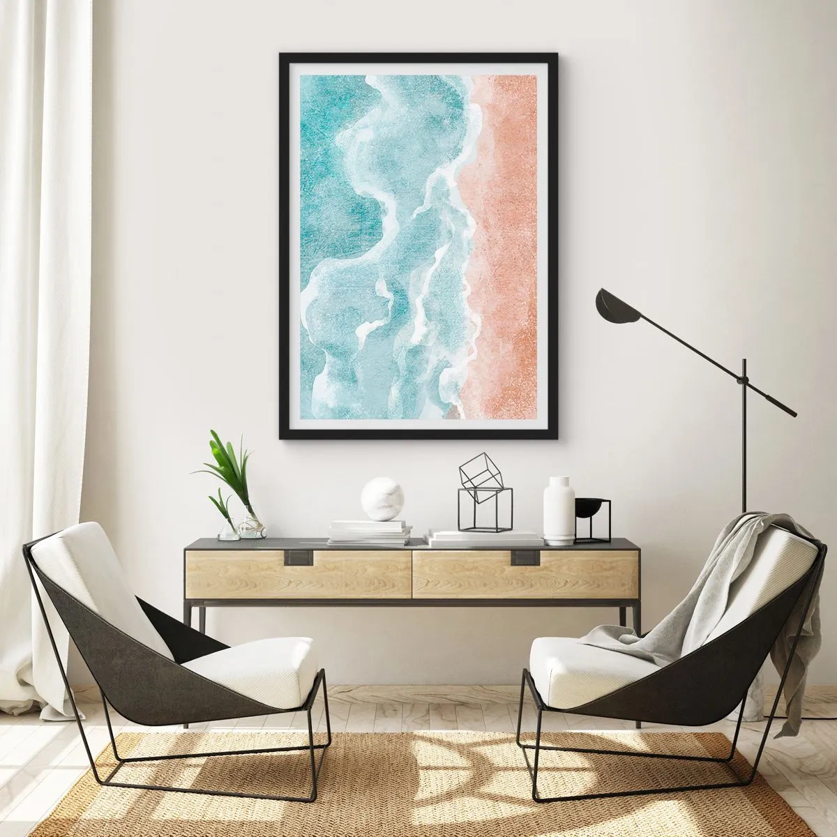 Plakát v černém rámu - Oceánské vlny se setkávají s písečnou pláží - 50x70cm - Abstrakce mraků - Moderní nástěnná dekorace do obývacího pokoje a ložnice ARTTOR
