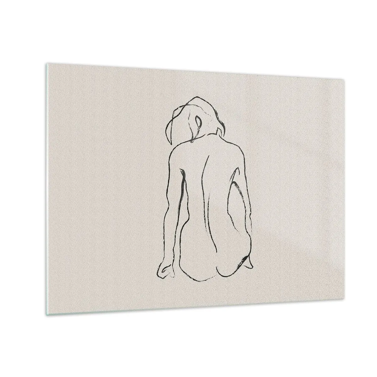 Obraz na skle - Jemná skica sedící ženy, nakreslená černou barvou na světlém pozadí. - 70x50cm - Dívčí akt - Moderní nástěnná dekorace do obývacího pokoje a ložnice ARTTOR