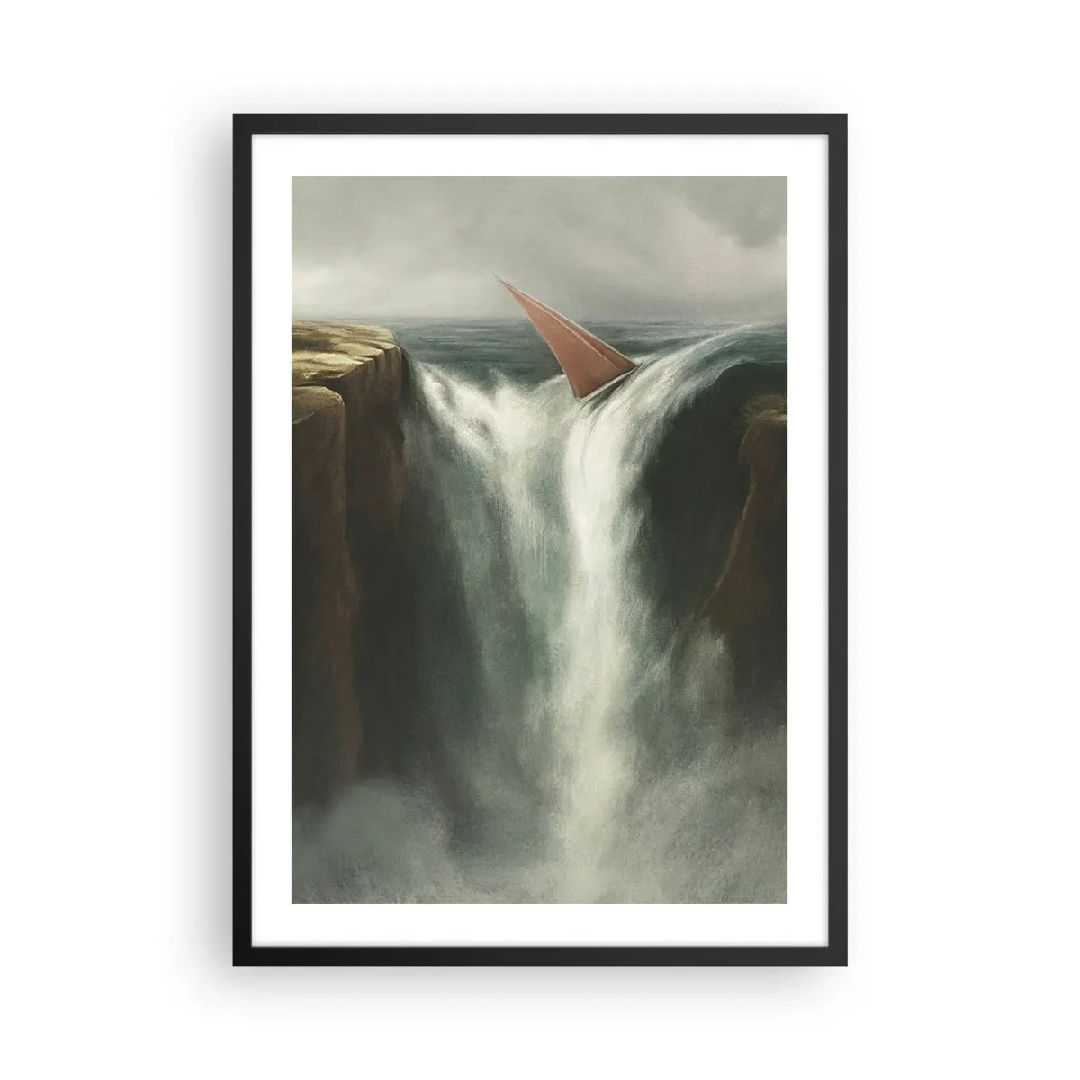 Plakát v černém rámu - Plachetnice padá přes vodopád v surrealistické krajině. - 50x70cm - Životní varování - Moderní nástěnná dekorace do obývacího pokoje a ložnice ARTTOR