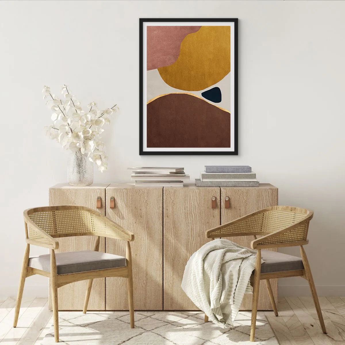 Plakát v černém rámu - Abstraktní geometrická kompozice v teplých barvách - 50x70cm - Abstrakce – místo v prostoru - Moderní nástěnná dekorace do obývacího pokoje a ložnice ARTTOR