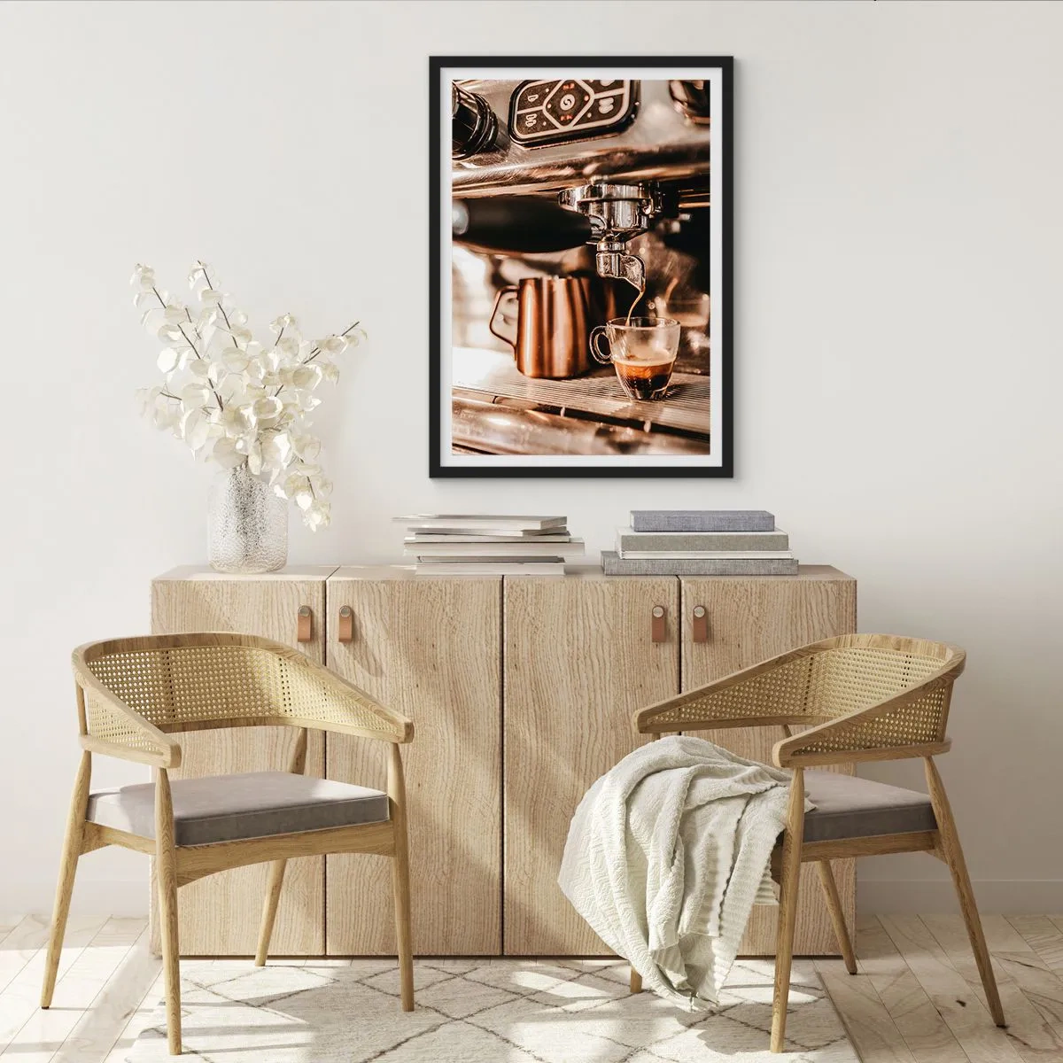 Plakát v černém rámu - Aromatické espresso z espresso kávovaru - 50x70cm - Jas kávy - Moderní nástěnná dekorace do obývacího pokoje a ložnice ARTTOR