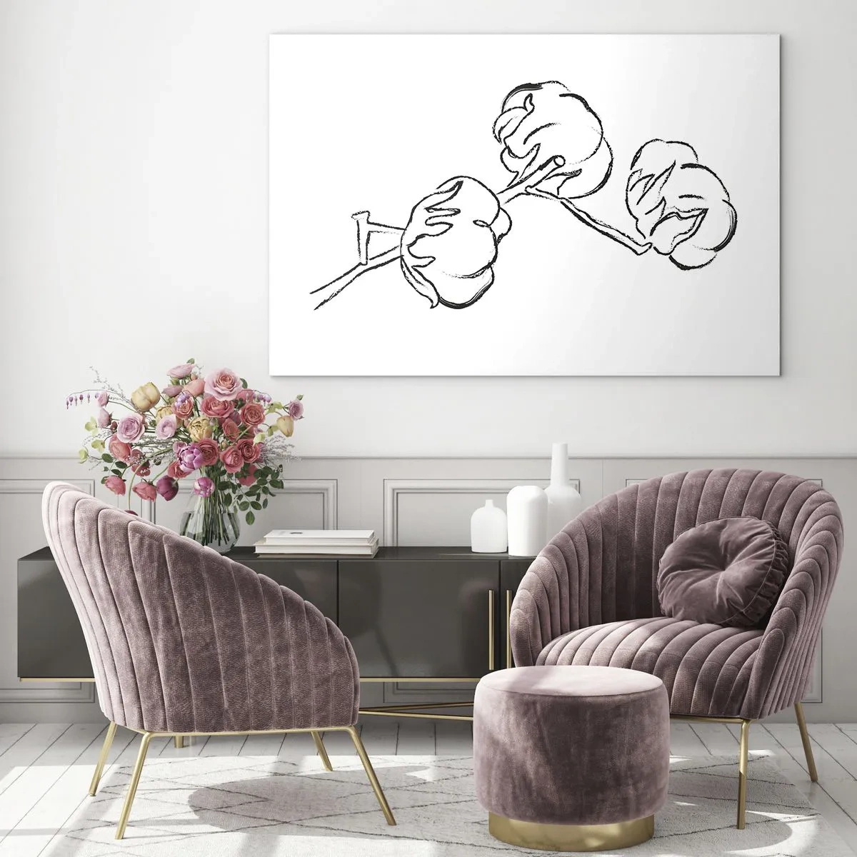 Obraz na skle - Minimalistická skica bavlníkové větve černými čarami. - 70x50cm - Bavlněné chmýří - Moderní nástěnná dekorace do obývacího pokoje a ložnice ARTTOR