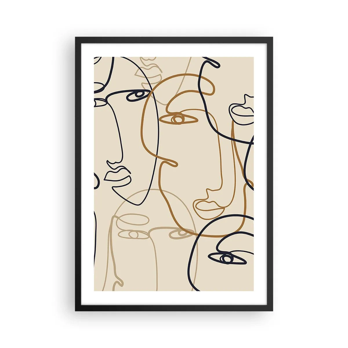 Plakát v černém rámu - Minimalistické kresby obličejů na béžovém pozadí - 50x70cm - Portrét znásobený - Moderní nástěnná dekorace do obývacího pokoje a ložnice ARTTOR