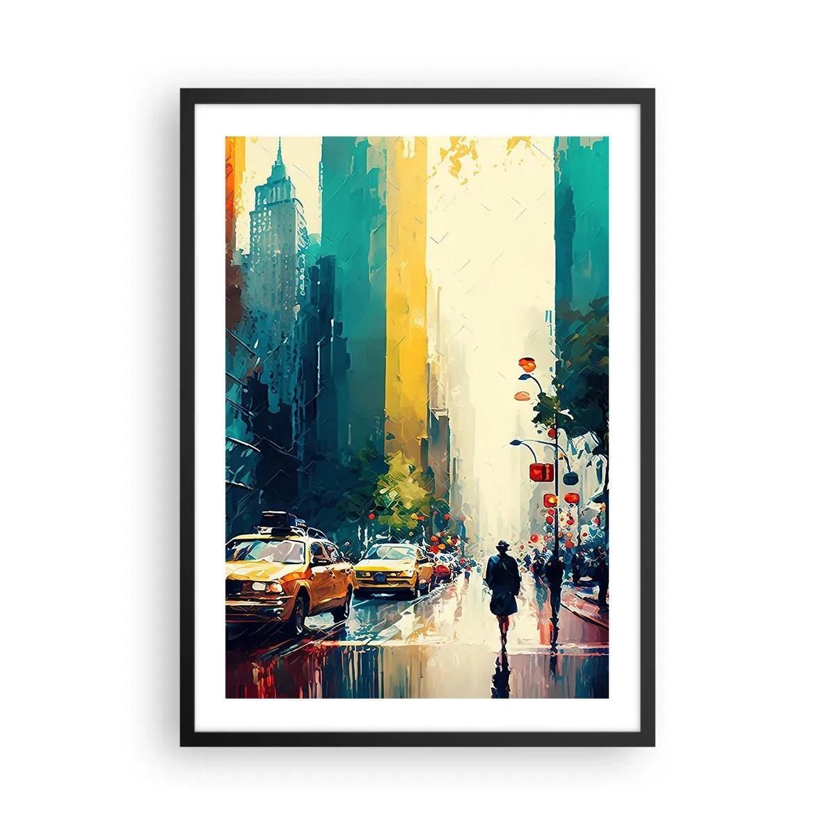 Plakát v černém rámu - Barevná ulice velkoměsta se žlutými taxíky - 50x70cm - New York – tady je i déšť barevný - Moderní nástěnná dekorace do obývacího pokoje a ložnice ARTTOR