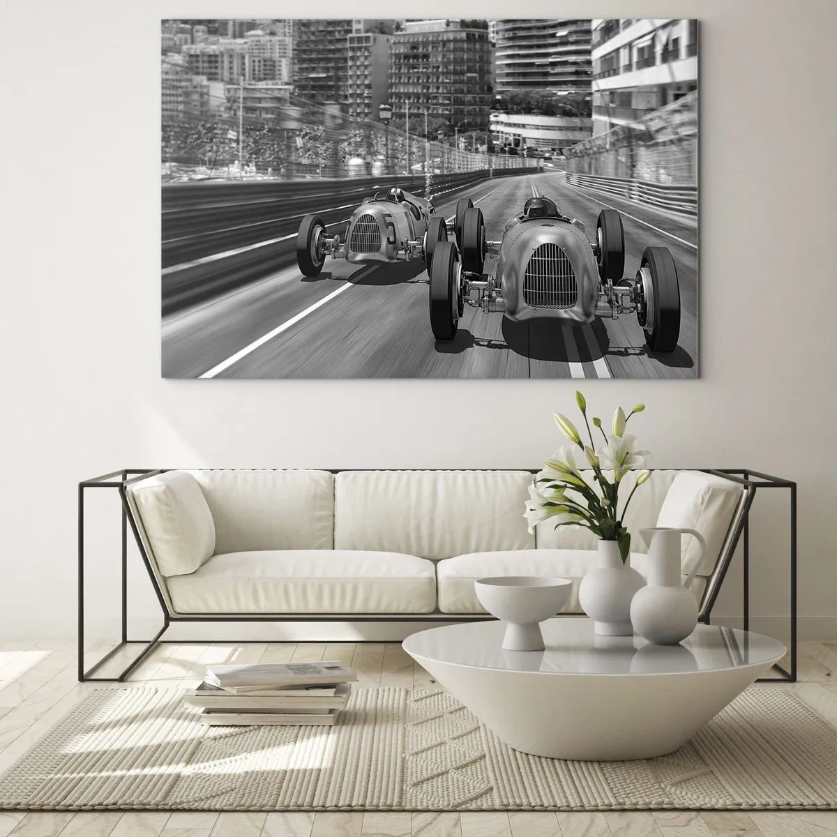 Obraz na skle - Závod historických automobilů v černé a bílé - 70x50cm - Kdysi dávno v Monte Carlu - Moderní nástěnná dekorace do obývacího pokoje a ložnice ARTTOR