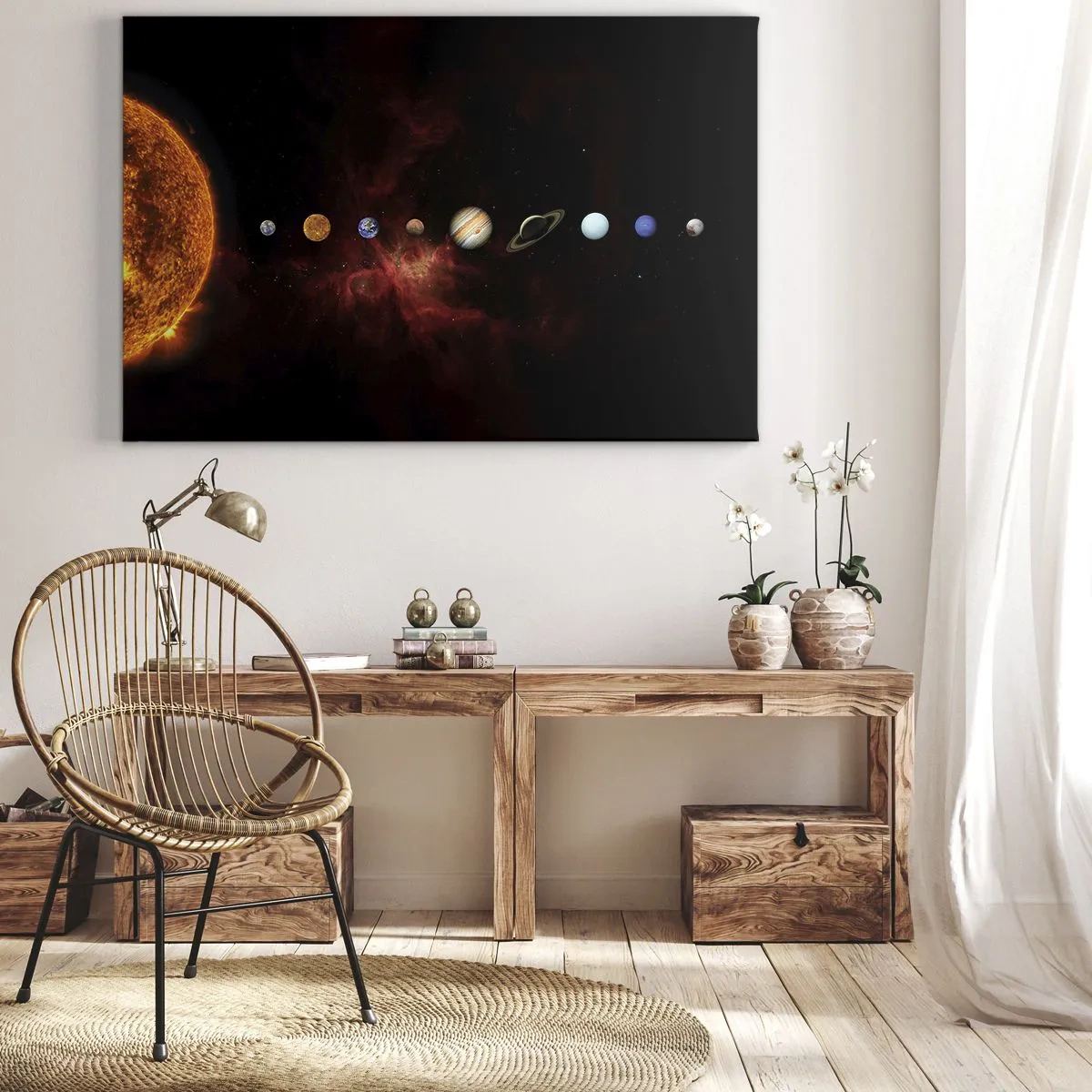 Obraz na plátně - Sluneční soustava s planetami na pozadí vesmíru - 70x50cm - Naše čtvrť - Moderní nástěnná dekorace do obývacího pokoje a ložnice ARTTOR