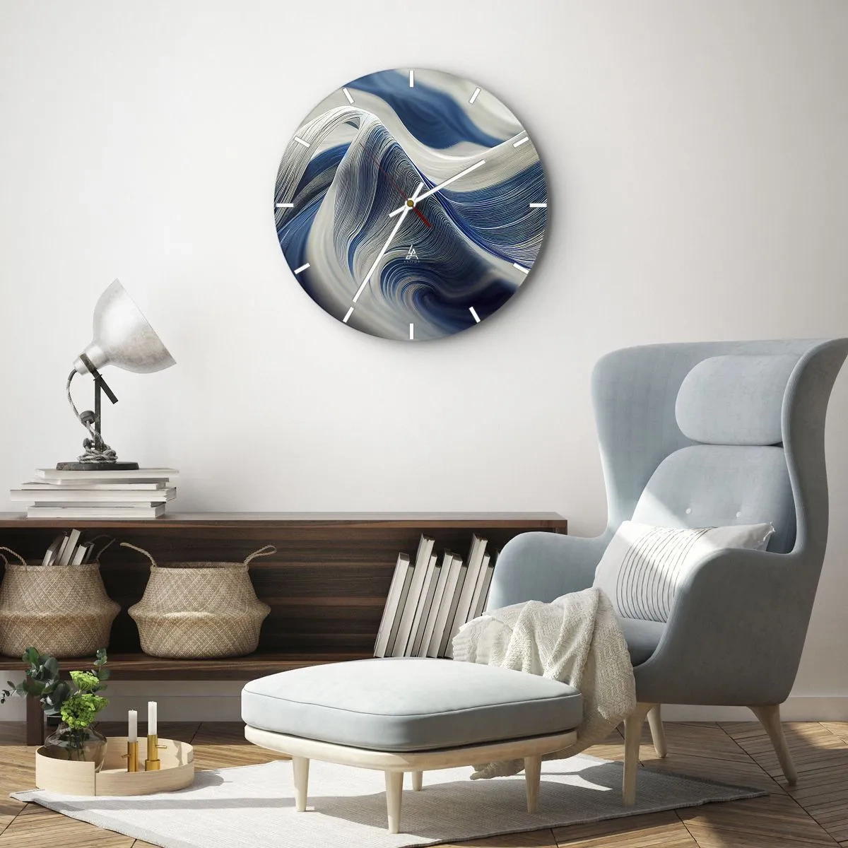 Nástěnné hodiny - Dynamické víry v odstínech modré a bílé s vlnitým uspořádáním - 30x30cm - Plynulost modré a bílé - Moderní nástěnná dekorace do obývacího pokoje, kuchyně a ložnice ARTTOR